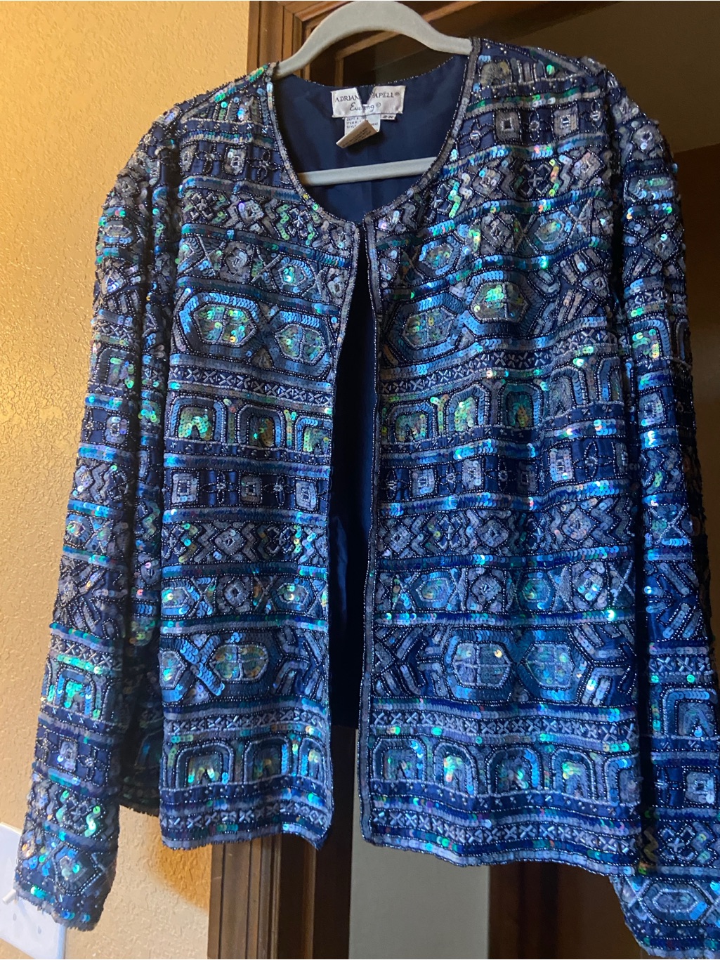 Adrianna Papell Navy And Teal Beaded Sequin Open Jacket